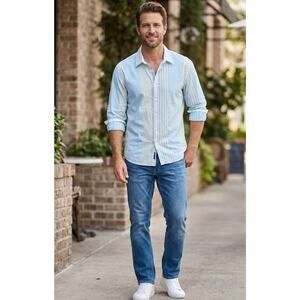 Perry Ellis Dress Shirt Button Up Long Sleeve Cotton Blue & Yellow Striped XL